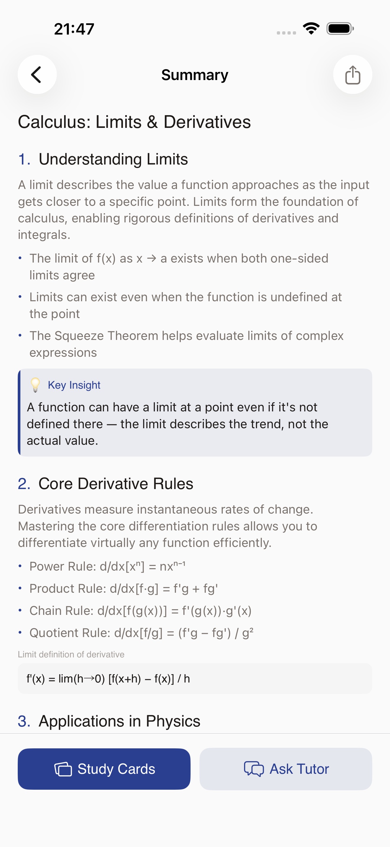 Rich summary with callouts and formulas