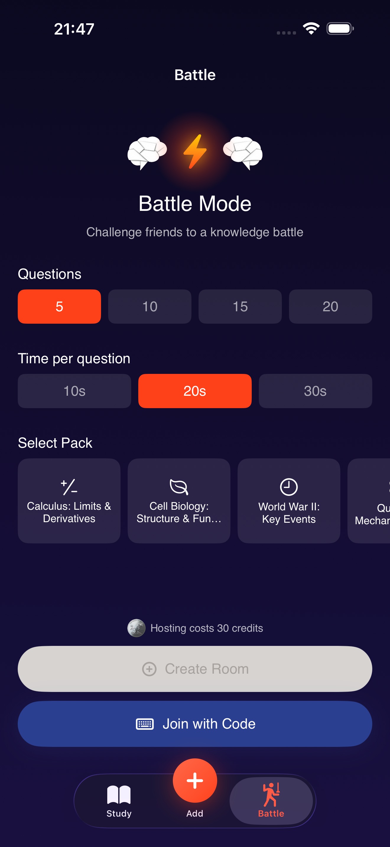 Battle mode setup screen