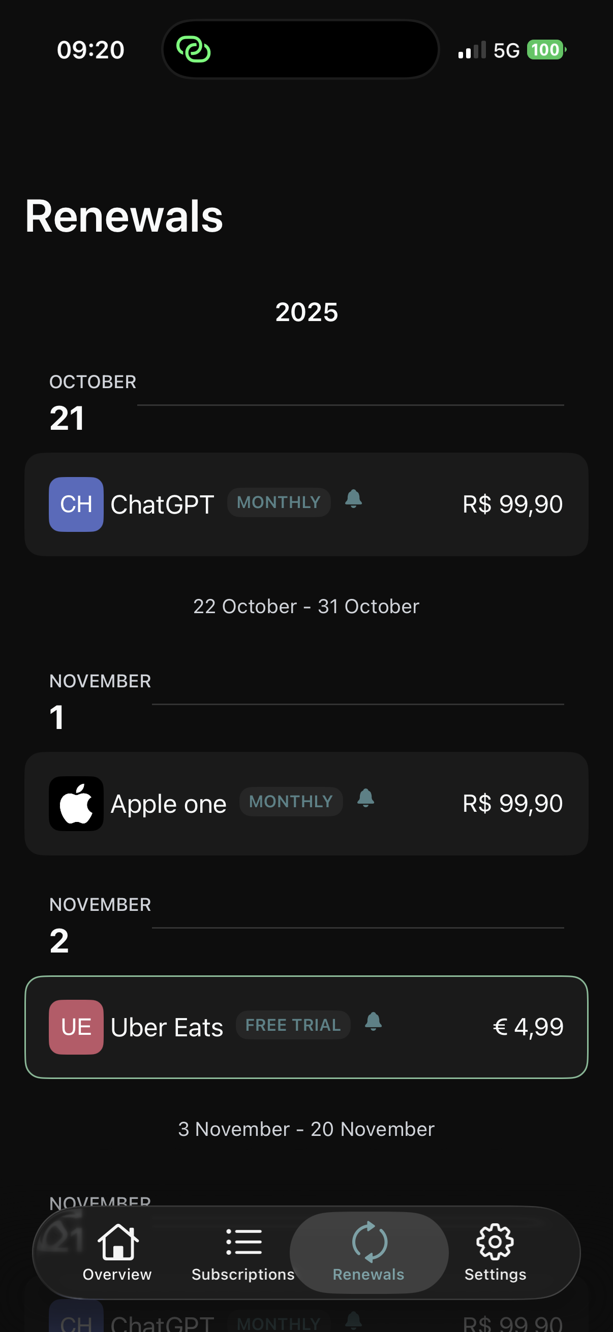 Detail view with cost breakdown