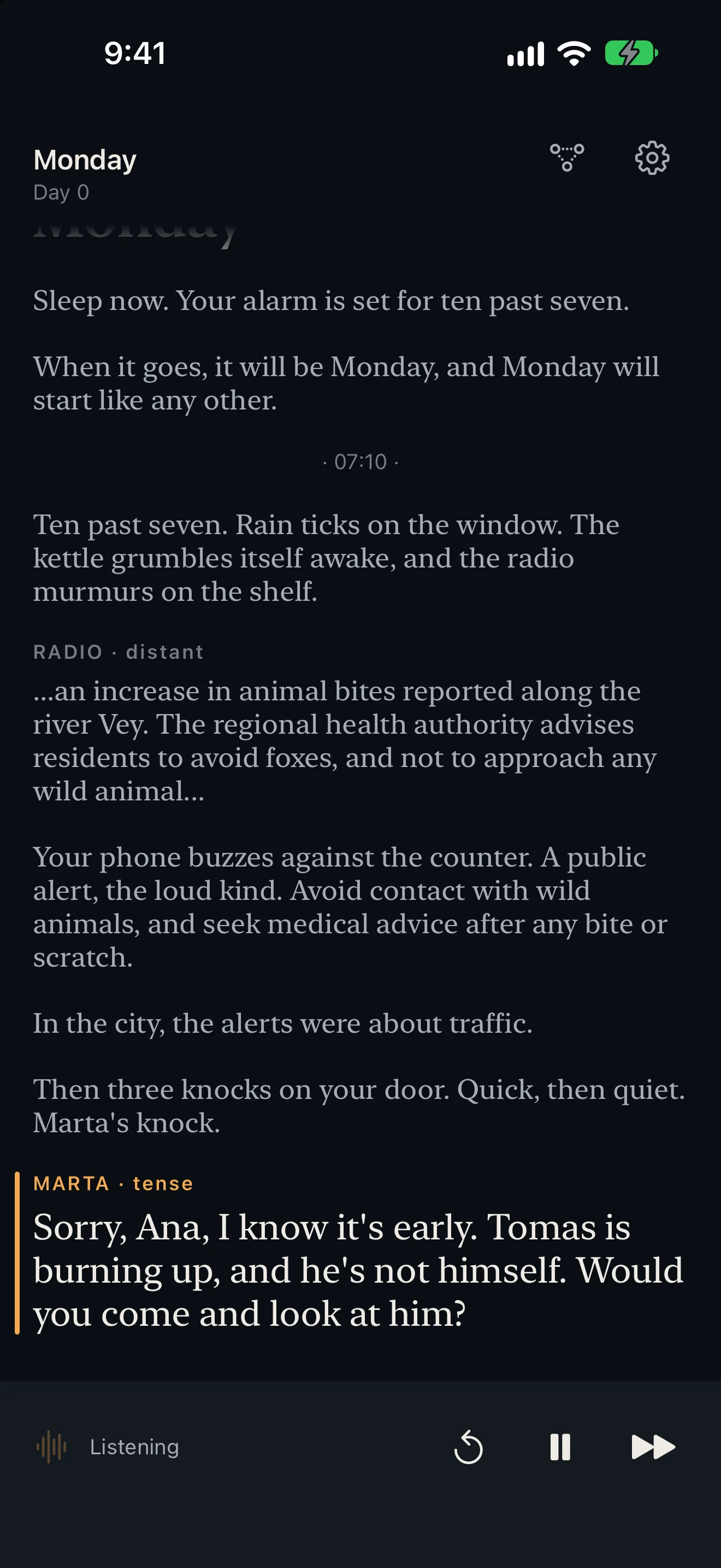 Static — Marta at the door, the story read aloud