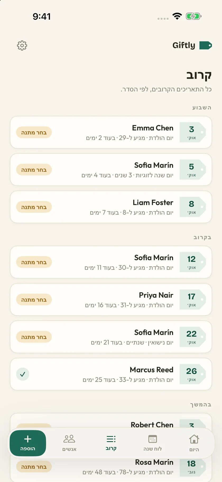 Giftly — תאריכים שחשוב לזכור (he)