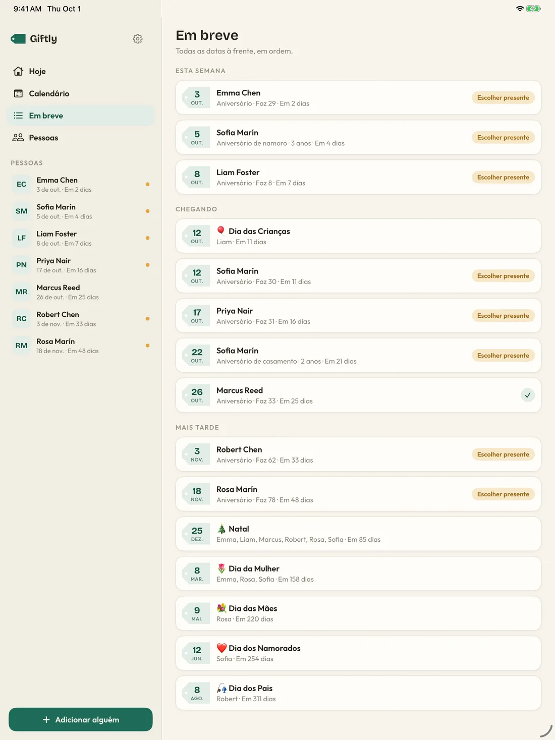 Giftly — Datas que importam · iPad (pt-BR)