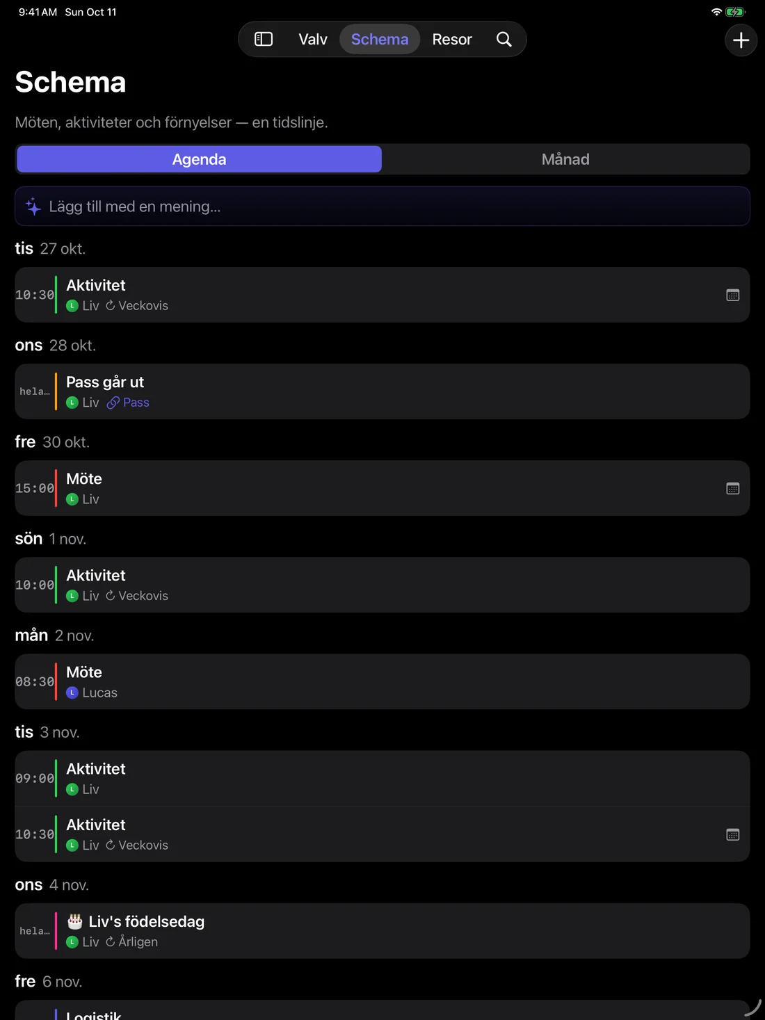 Kinfold — Ett gemensamt familjeschema. · iPad (sv)
