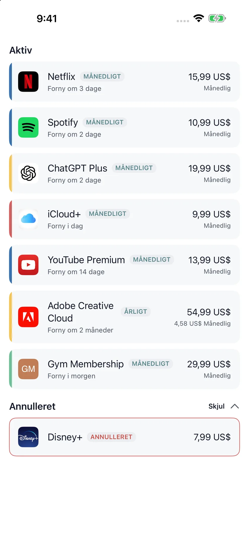 MyRenewals — Abonnementsliste (da)