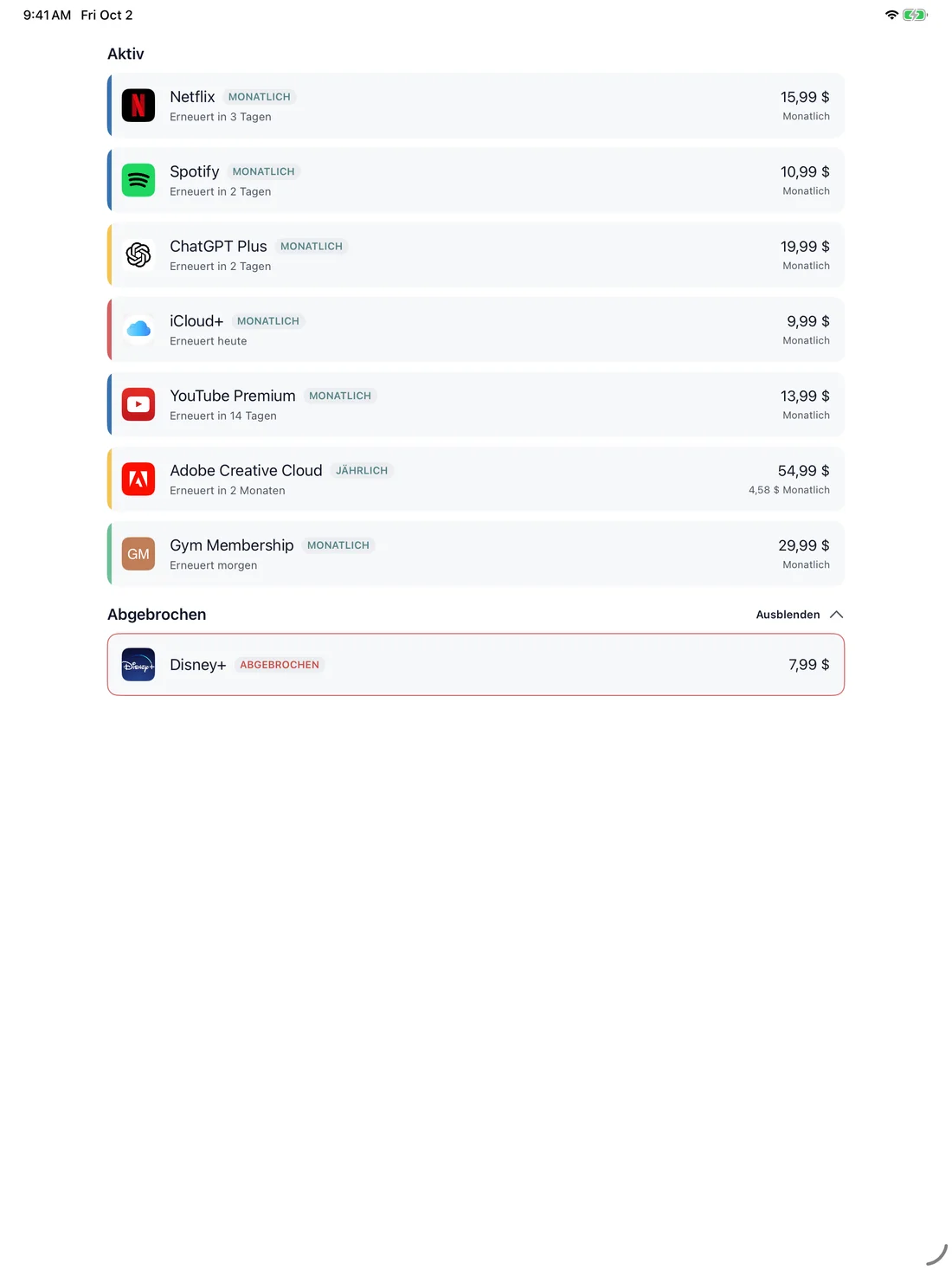 MyRenewals — Abo-Liste · iPad (de)