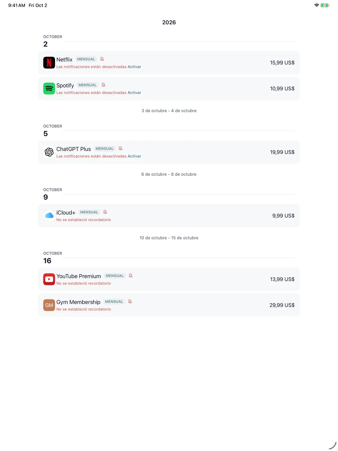 MyRenewals — Calendario de renovaciones · iPad (es)