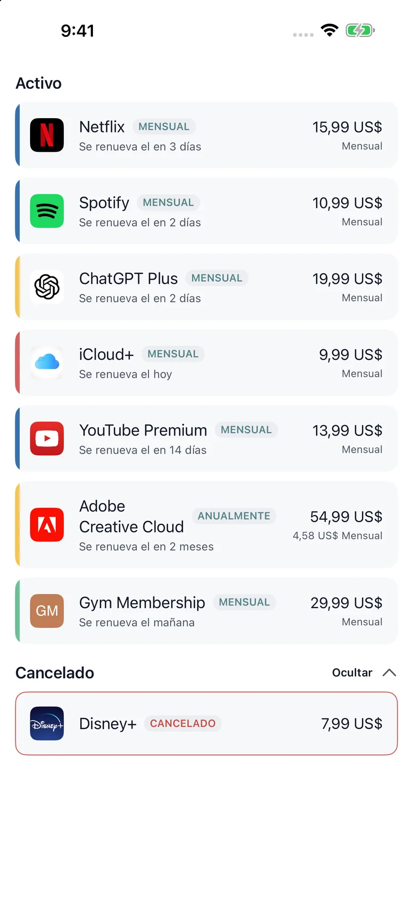 MyRenewals — Lista de suscripciones (es)