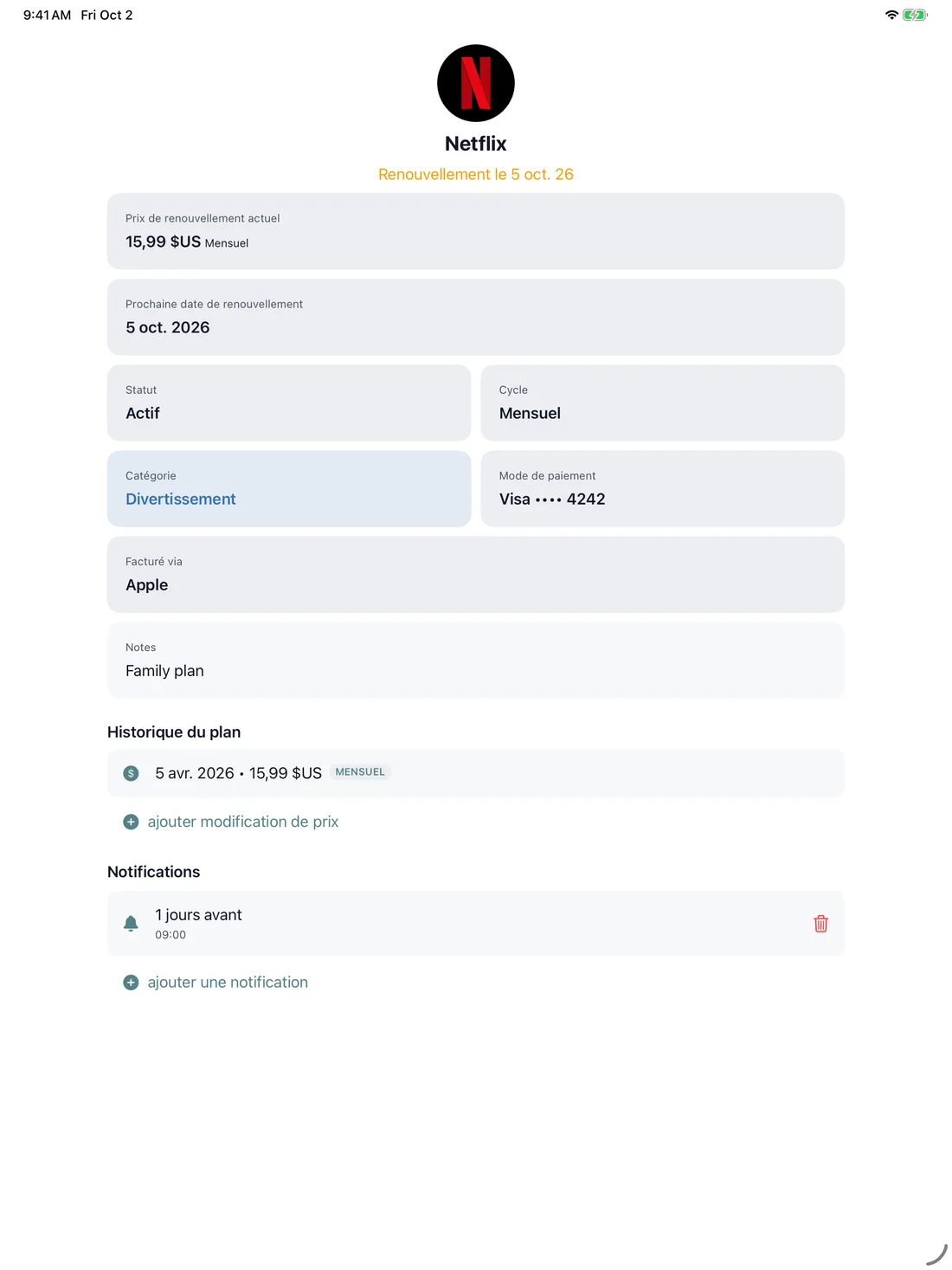 MyRenewals — Détails de l'abonnement · iPad (fr)