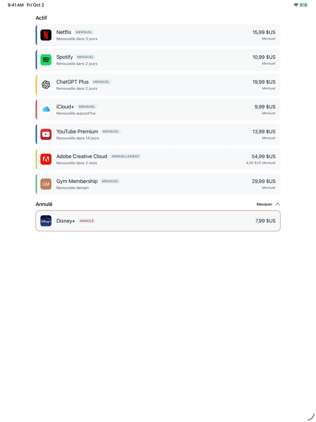 MyRenewals — Liste des abonnements · iPad (fr)