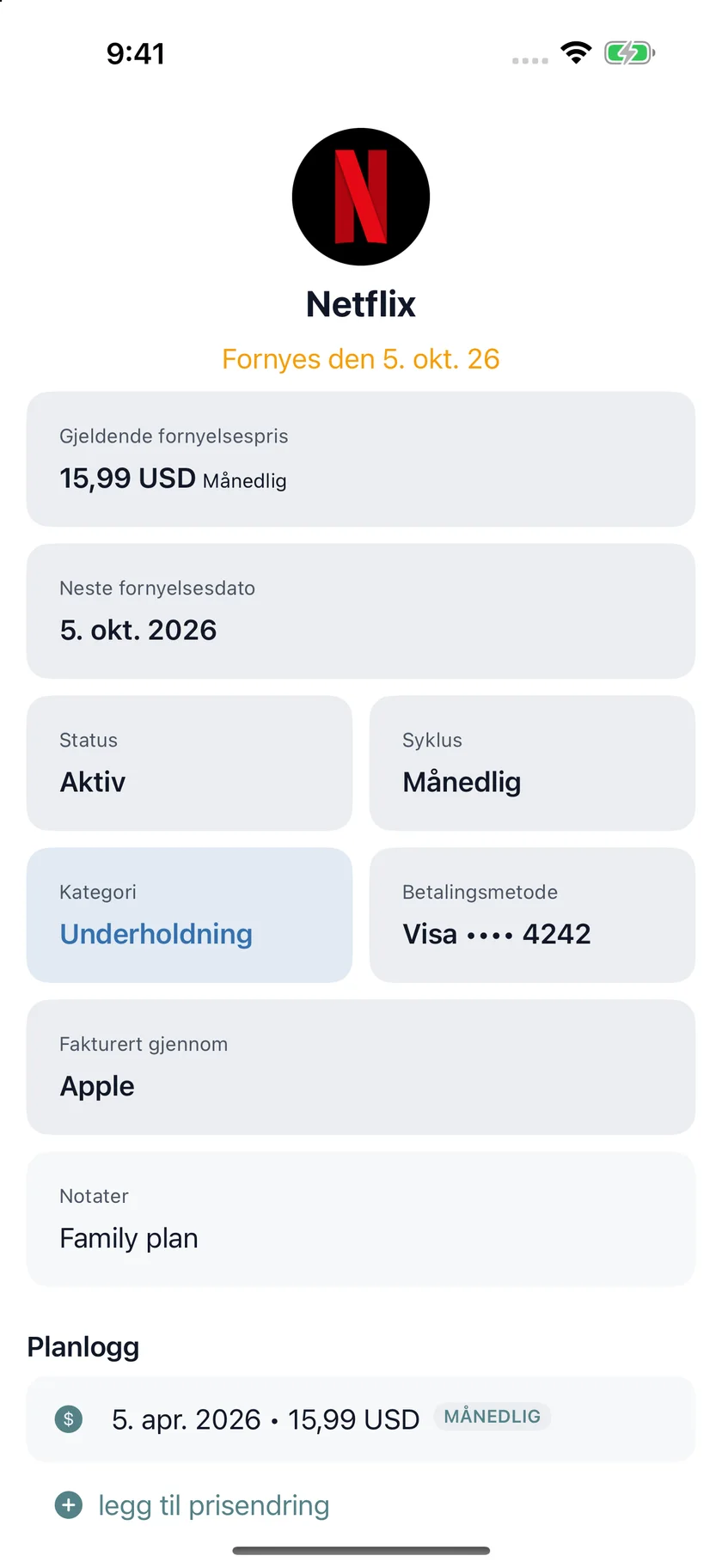 MyRenewals — Detaljer om abonnementet (nb)