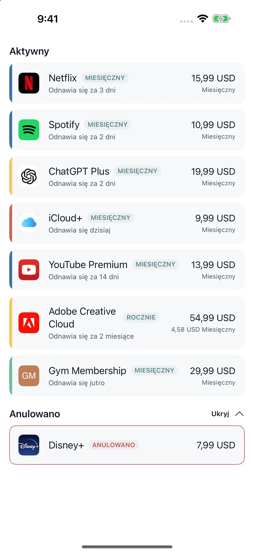 MyRenewals — Lista subskrypcji (pl)