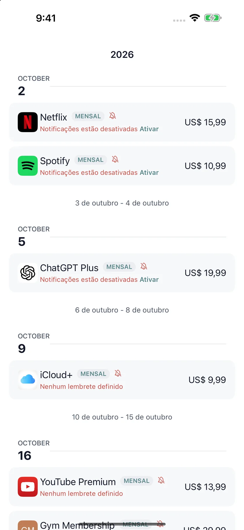 MyRenewals — Calendário de renovações (pt-BR)