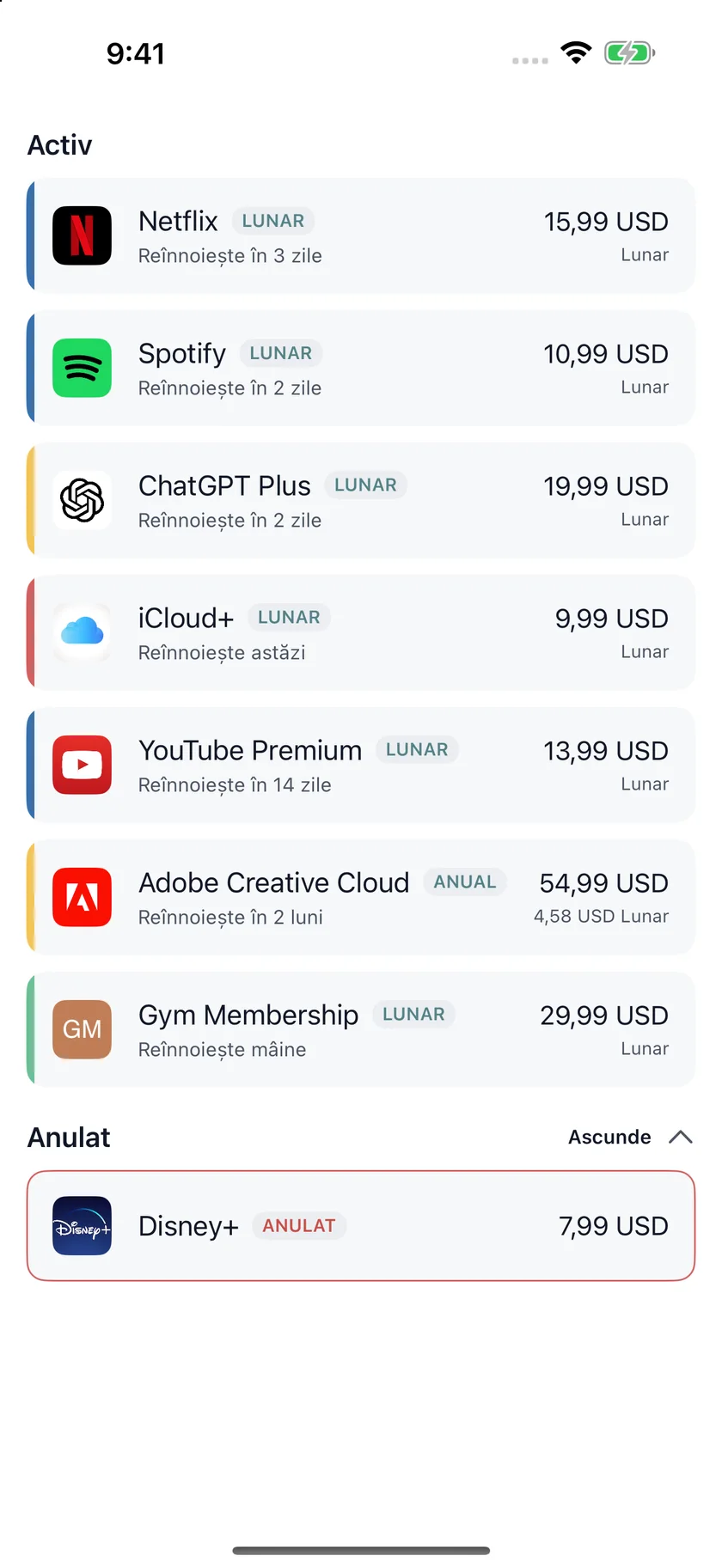MyRenewals — Listă abonamente (ro)