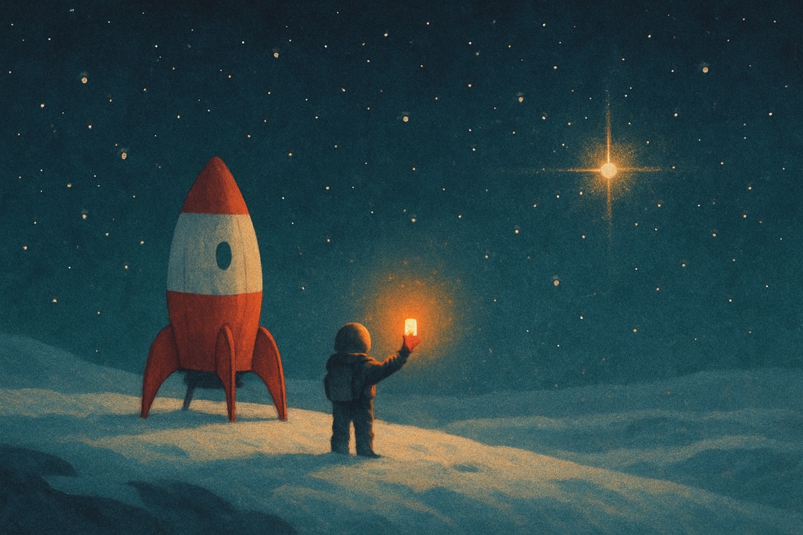 An explorer holds a glowing ember toward a distant star