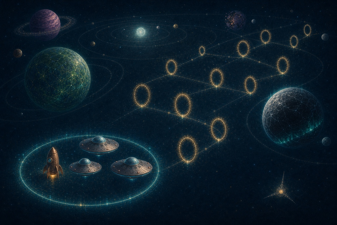 A rocket lines up with Vey saucers to race through glowing rings