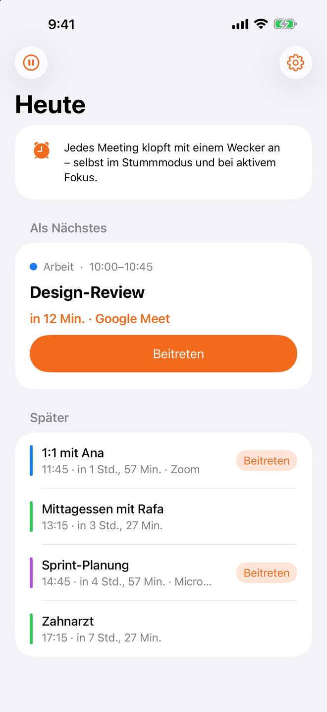 Die Ansicht „Heute“ von Toc Toc auf einem iPhone: das nächste Meeting mit Beitreten-Button und der Rest des Tages.