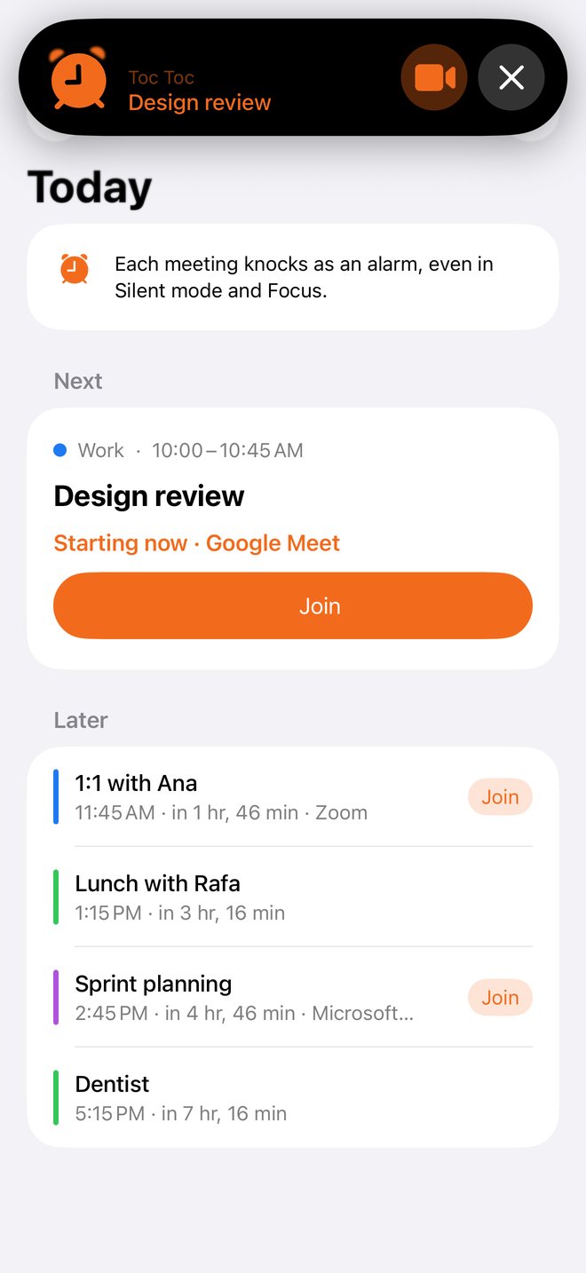 An iPhone with Toc Toc's alarm for Design review, with a Join button, over the Today screen.