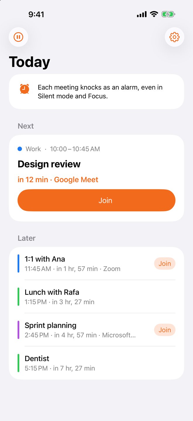 Toc Toc's Today screen on an iPhone: the next meeting with Join, and the rest of the day.