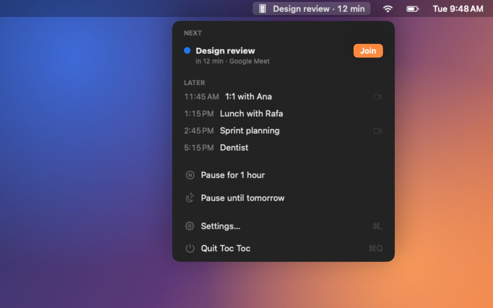 Toc Toc in the Mac menu bar: the next meeting with its countdown and the rest of the day.