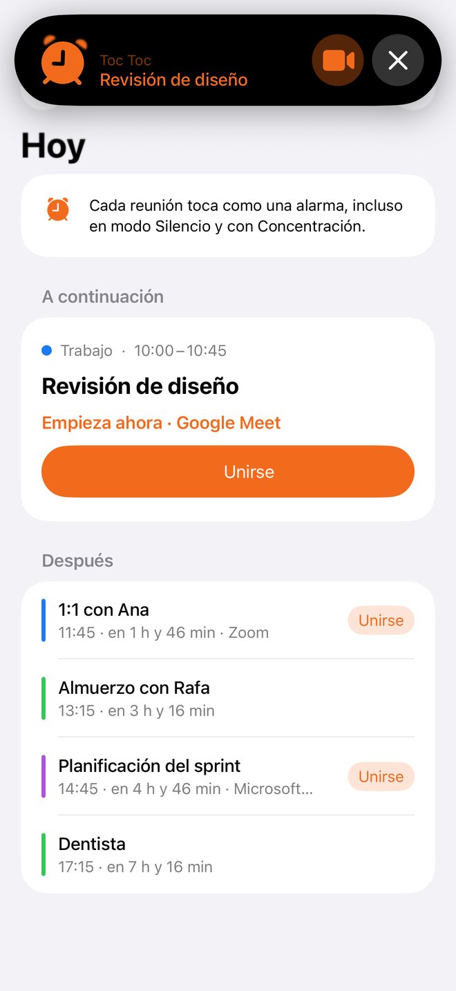 Un iPhone con la alarma de Toc Toc para Revisión de diseño, con el botón Unirse, sobre la pantalla Hoy.