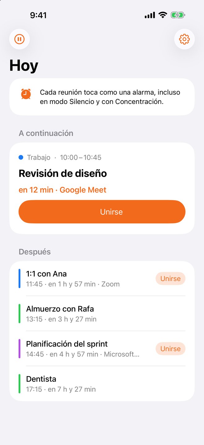 La pantalla Hoy de Toc Toc en un iPhone: la próxima reunión con Unirse y el resto del día.