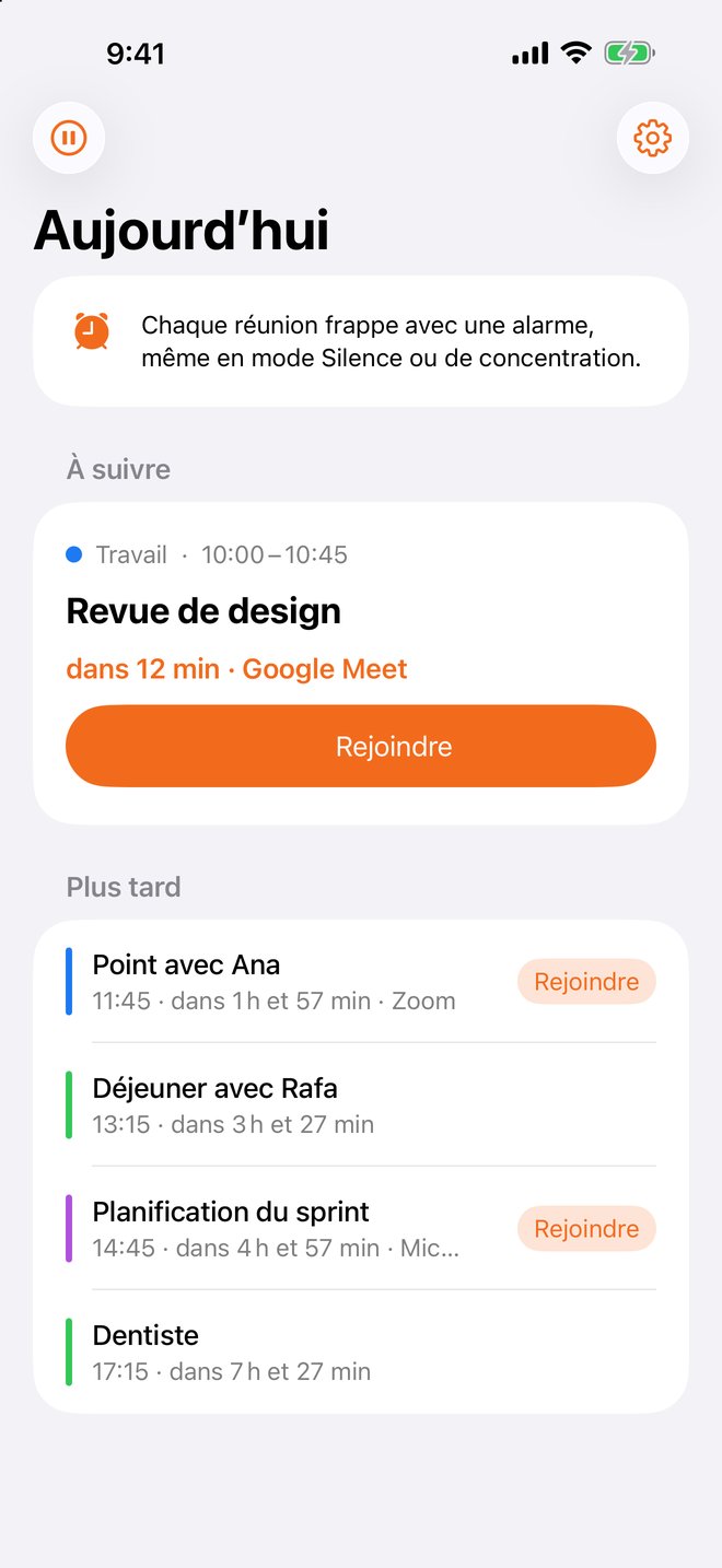 L’écran Aujourd’hui de Toc Toc sur un iPhone : la prochaine réunion avec Rejoindre, et le reste de la journée.