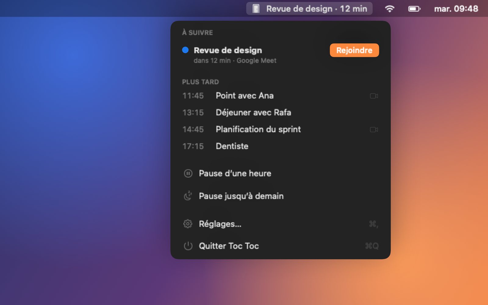 Toc Toc dans la barre des menus du Mac : la prochaine réunion avec son compte à rebours, et le reste de la journée.