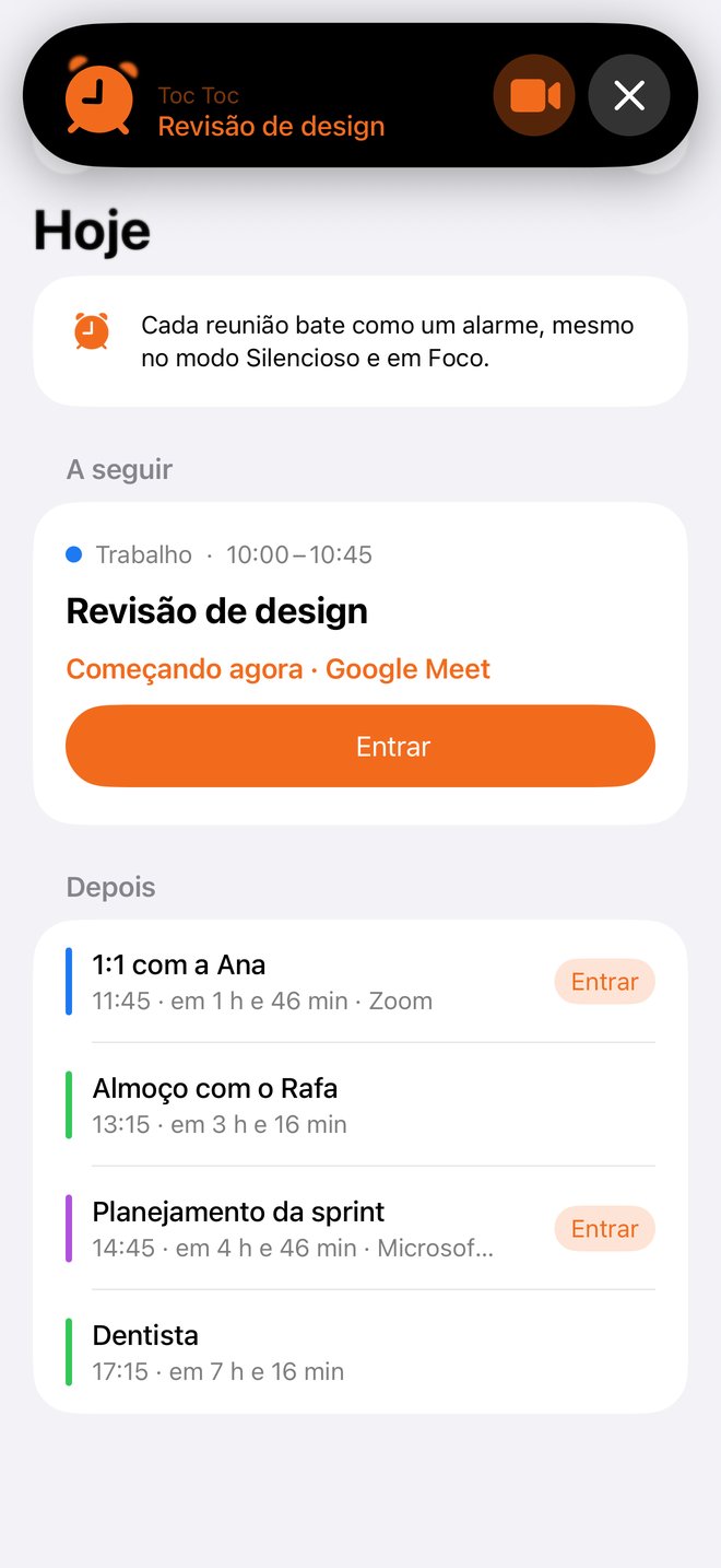 Um iPhone com o alarme do Toc Toc para Revisão de design, com o botão Entrar, sobre a tela Hoje.