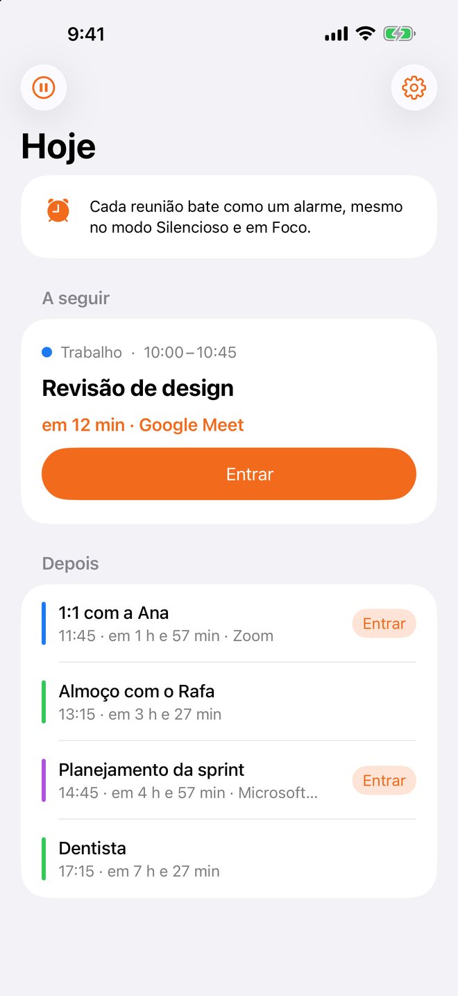 A tela Hoje do Toc Toc num iPhone: a próxima reunião com Entrar e o resto do dia.
