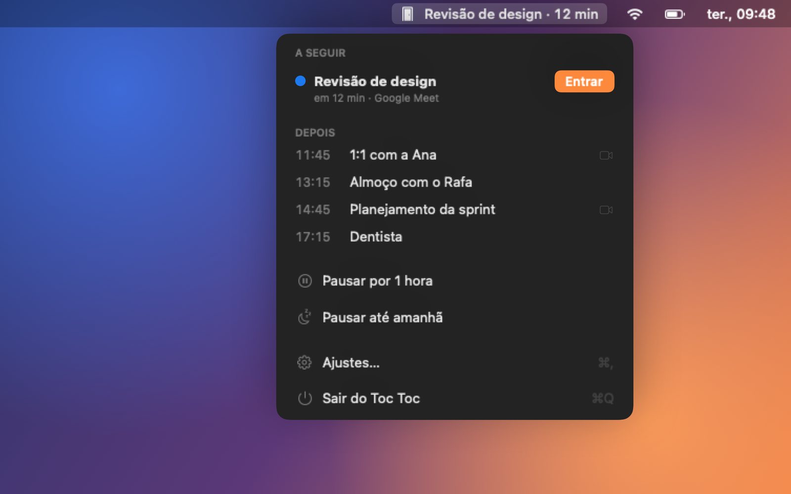 O Toc Toc na barra de menus do Mac: a próxima reunião com a contagem e o resto do dia.