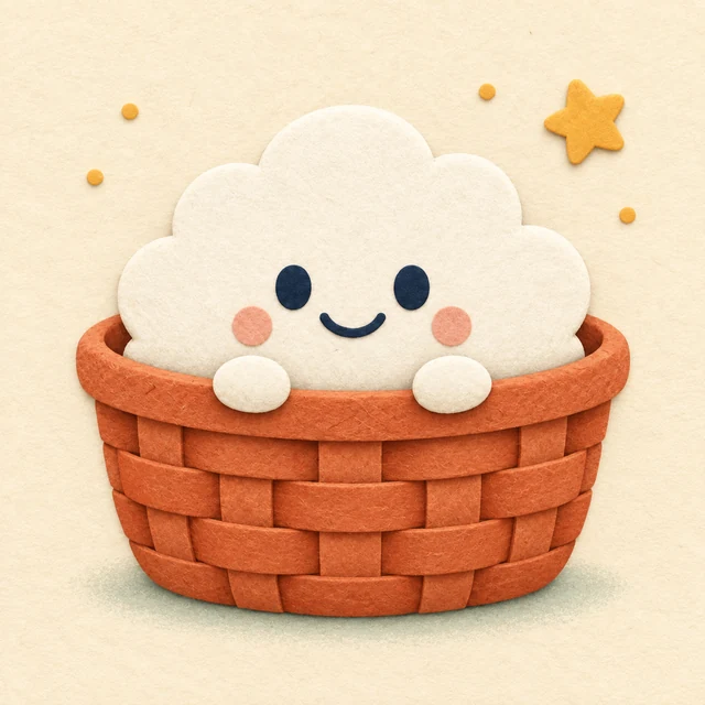 TumTum, a smiling paper cloud peeking out of a woven basket.