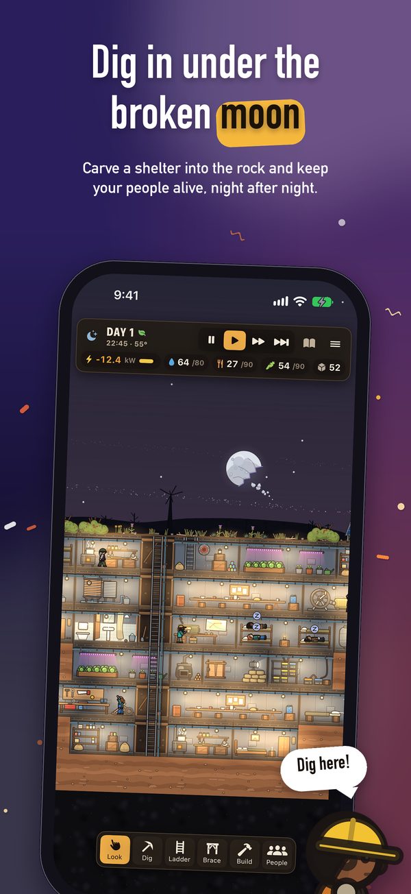 A shelter of lit rooms dug into the rock under the broken moon