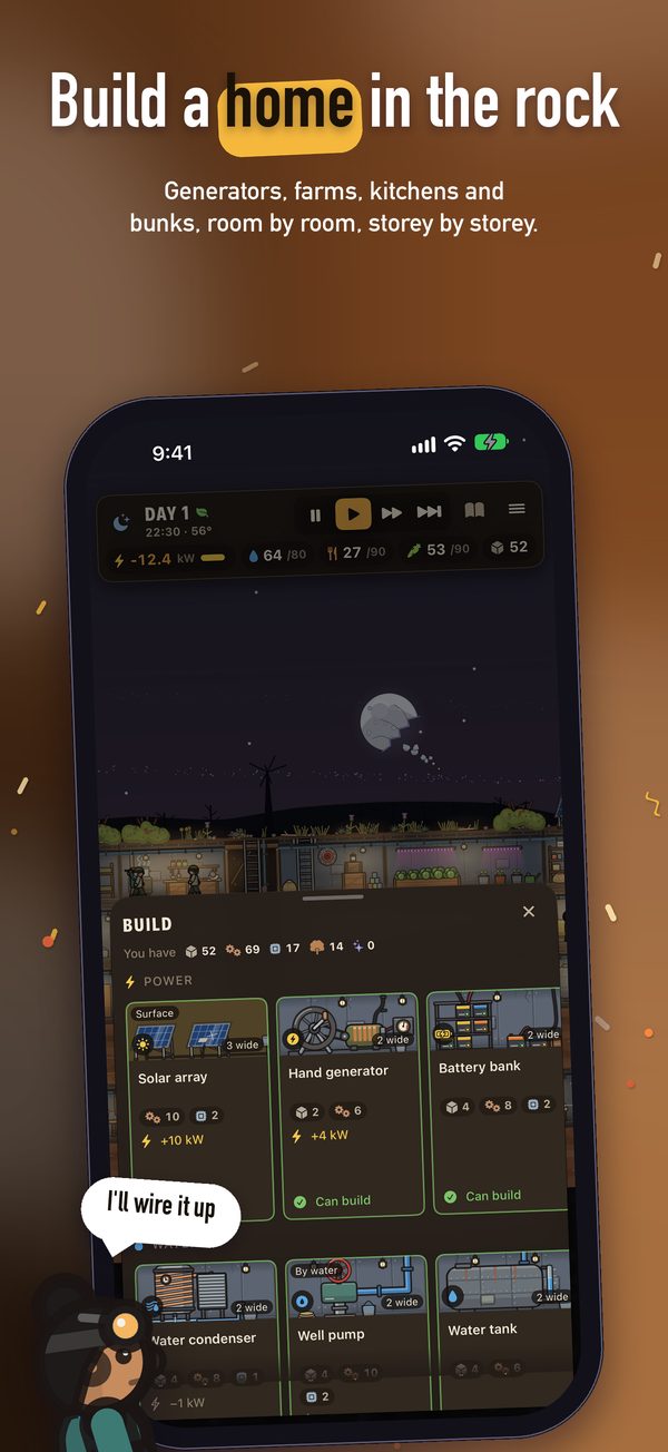 The Build menu with generators, solar panels and batteries